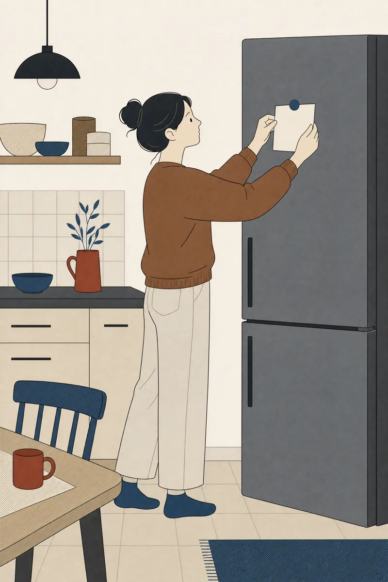 An illustration of somebody fixing a printed card to a fridge door with a magnet.