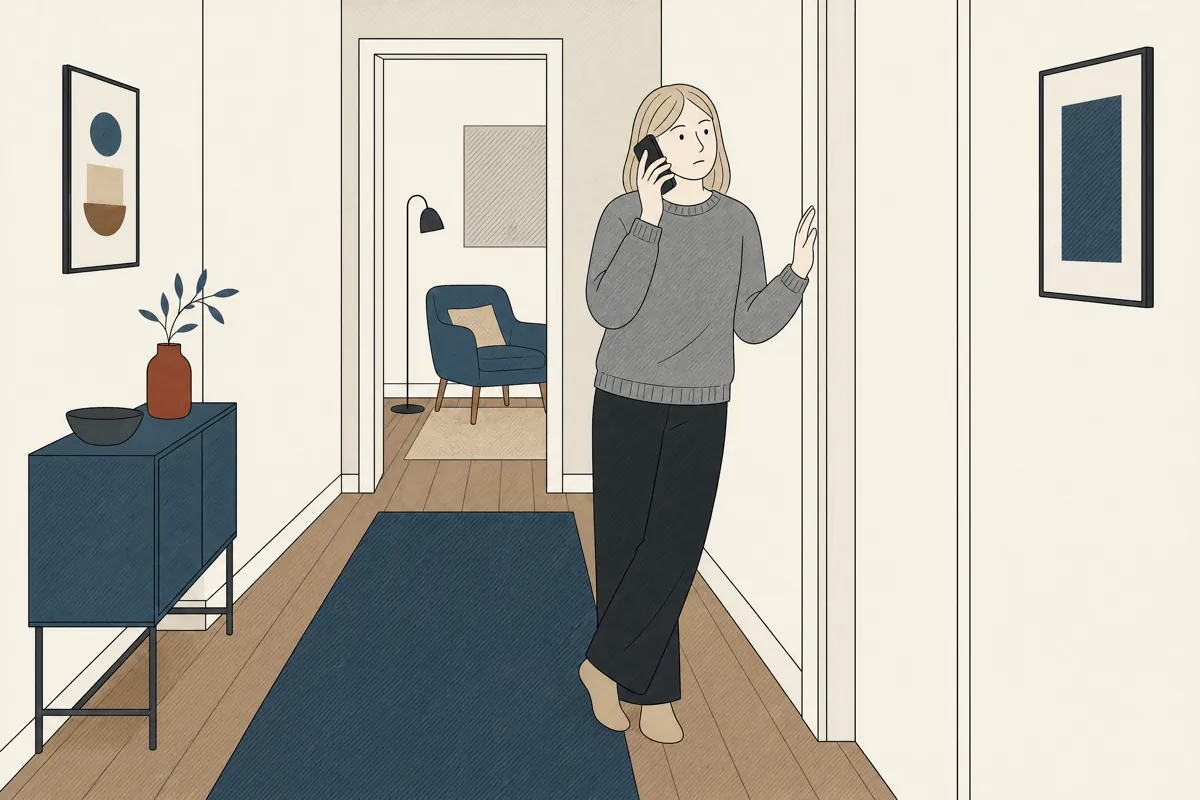 An illustration of somebody standing in a bare hallway with a phone to one ear, listening.