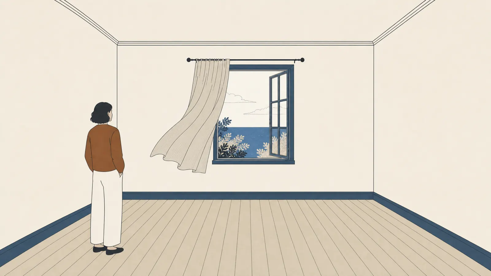 A wide illustration of an empty room with one open window and a curtain drawn sideways by moving air.