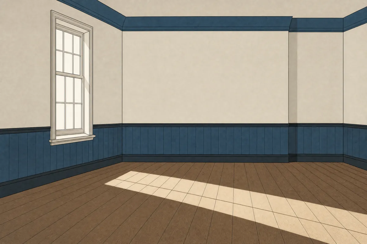An illustration of an entirely empty room with bare floorboards and one band of daylight across the floor.
